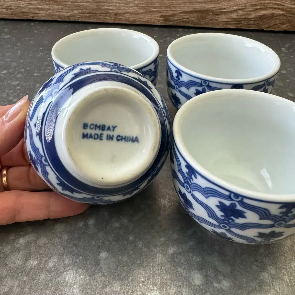 Vintage Bombay 4pc Set Small Porcelain Saki Sake Teacups Cobalt Blue White 6 oz
